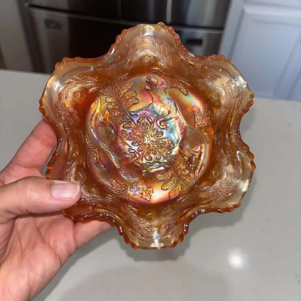 Fenton Antique Marigold Carnival Glass Panther Pattern 3-Footed Ruffled Bowl